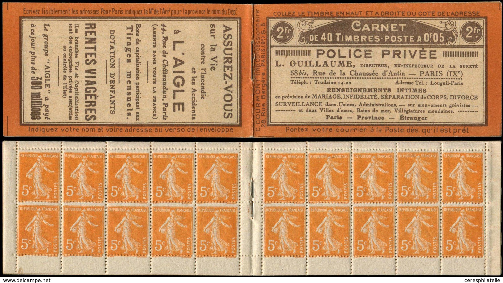 CARNETS (N°Cérès Jusqu'en1964) 17   Semeuse Camée,  5c. Orange, N°158A, T IIA, S. 5, POLICE PRIVEE-L'AIGLE, C2 FOIE GRAS - Other & Unclassified