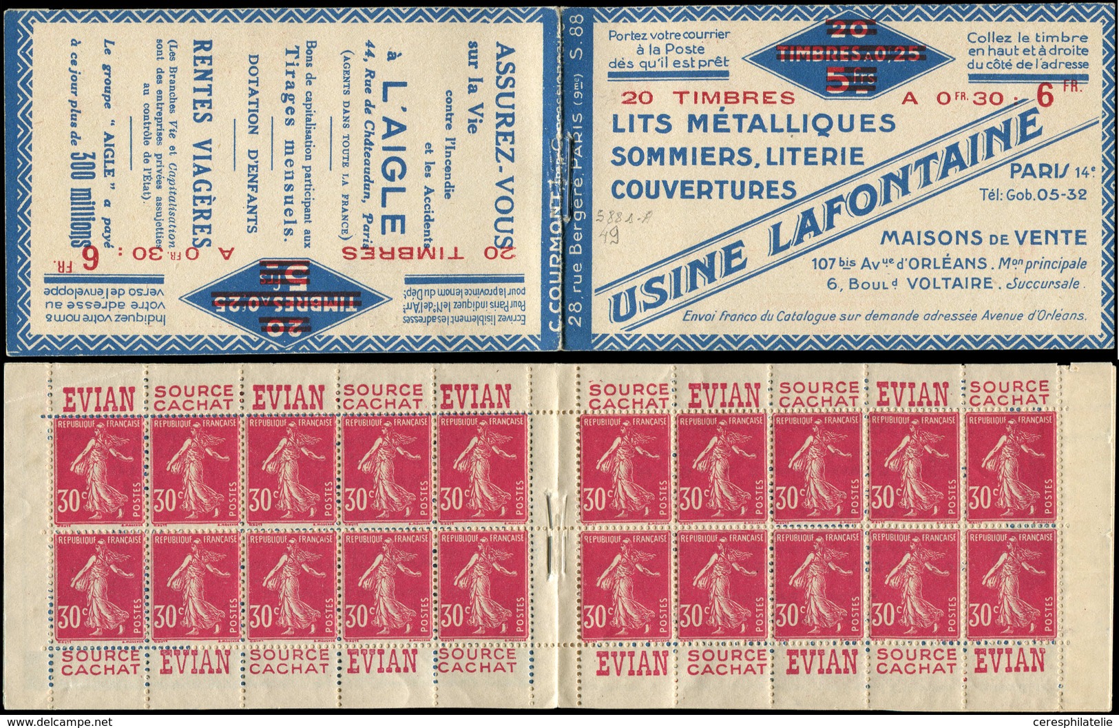 CARNETS (N°Cérès Jusqu'en1964) 49   Semeuse Camée, 30c. Rose, N°191B, T IIB, S. 88 A, LAFONTAINE/L'AIGLE, TTB - Other & Unclassified