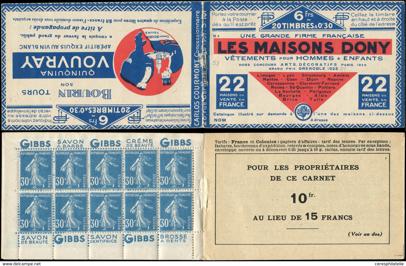 CARNETS (N°Cérès Jusqu'en1964) 53   Semeuse Camée, 30c. Bleu, N°192A, T IIB, S. 101 N, MAISONS DONY, Haut De Feuille, TB - Other & Unclassified