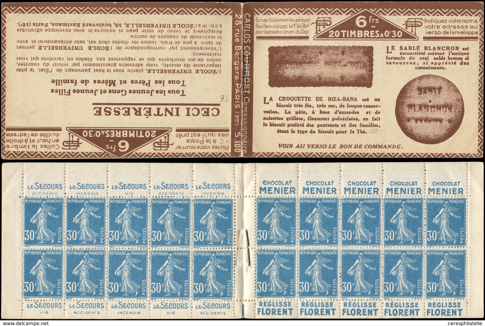 CARNETS (N°Cérès Jusqu'en1964) 56   Semeuse Camée, 30c. Bleu, N°192A, T IIB, S. 100 C, SABLE BLANCHON, Bas De Feuille, S - Other & Unclassified