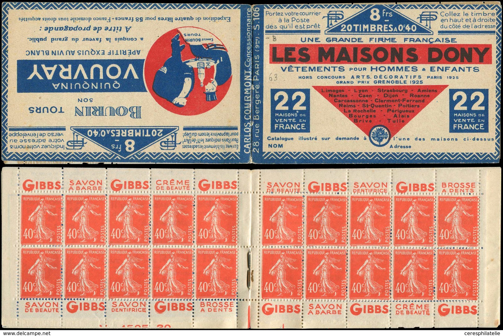 CARNETS (N°Cérès Jusqu'en1964) 63   Semeuse Camée, 40c. Vermillon, N°194A, T I, S. 106-B, MAISONS DONY/VOUVRAY, Adh. De - Other & Unclassified