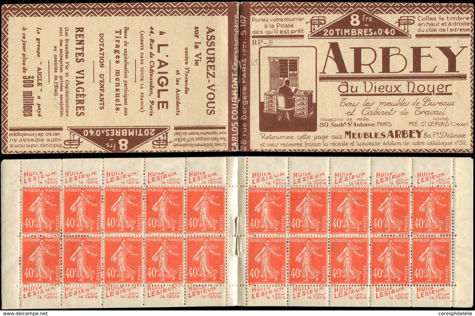 CARNETS (N°Cérès Jusqu'en1964) 65   Semeuse Camée, 40c. Vermillon, N°194A, T I, S. 107 RP-B, ARBEY/L'AIGLE, Superbe - Other & Unclassified