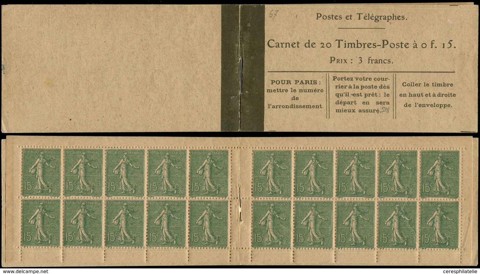 CARNETS (N°Cérès Jusqu'en1964) 67   Semeuse Lignée, 15c. Vert-olive, N°130D, T V, Haut De Feuille, 2 Ex. *, 2 Ex. Froiss - Other & Unclassified