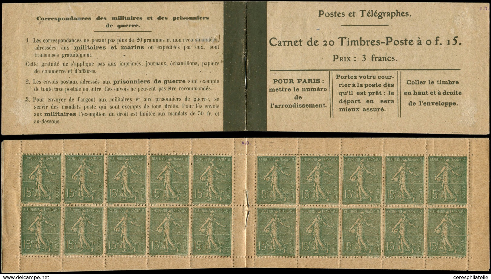 CARNETS (N°Cérès Jusqu'en1964) 68   Semeuse Lignée, 15c. Vert-olive, N°130D, T V, Couverture Postale (4 Pages), TB - Other & Unclassified