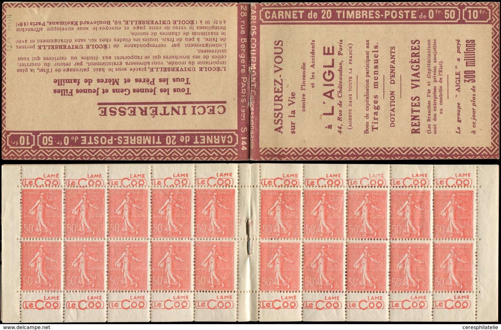 CARNETS (N°Cérès Jusqu'en1964) 74   Semeuse Lignée, 50c. Rouge, N°199A, T I, S. 144 A, L'AIGLE, TB - Other & Unclassified