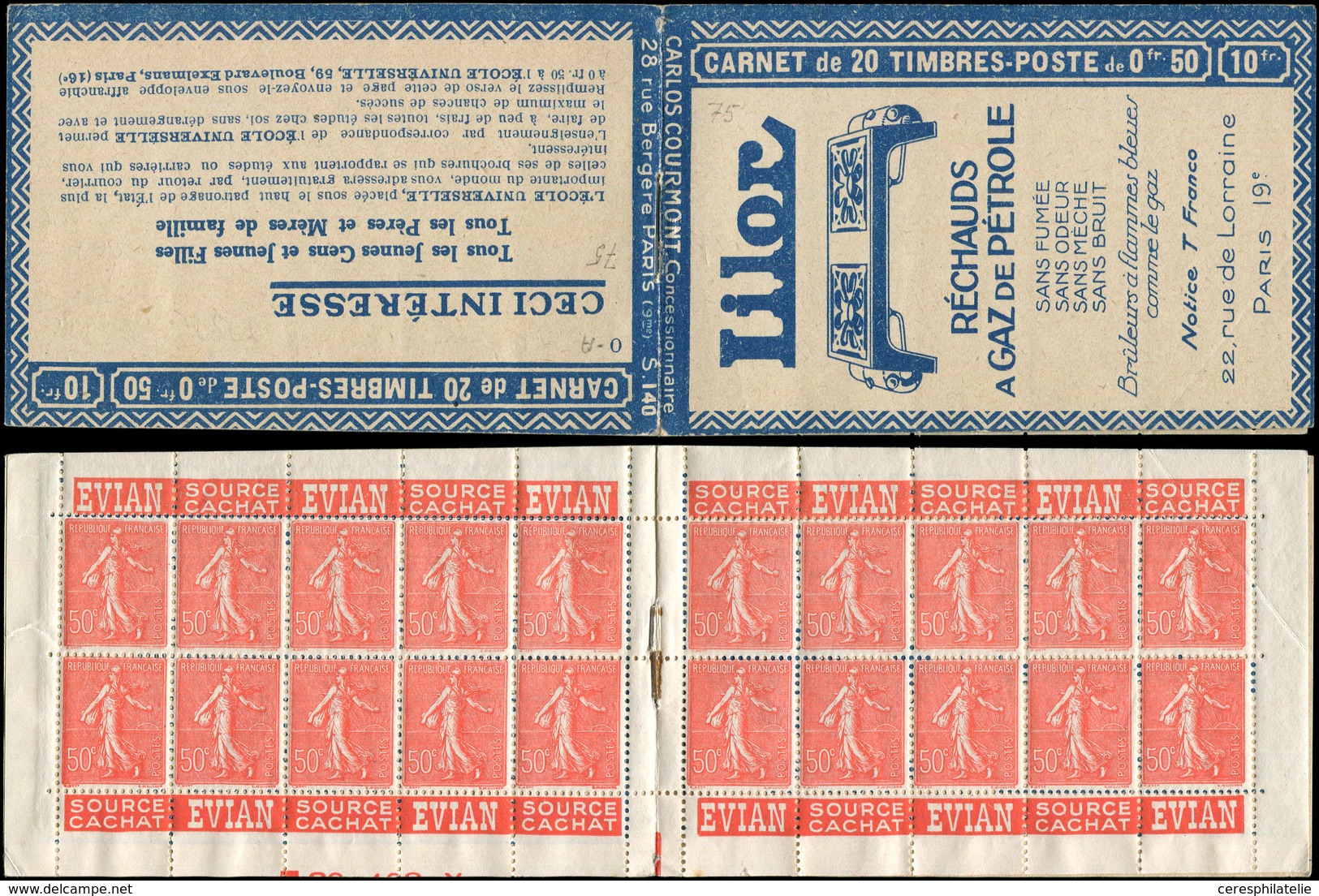 CARNETS (N°Cérès Jusqu'en1964) 75   Semeuse Lignée, 50c. Rouge, N°199A, T I, S. 140-O-A, LILOR, Un Ex. Pli, Sinon TB, R - Other & Unclassified