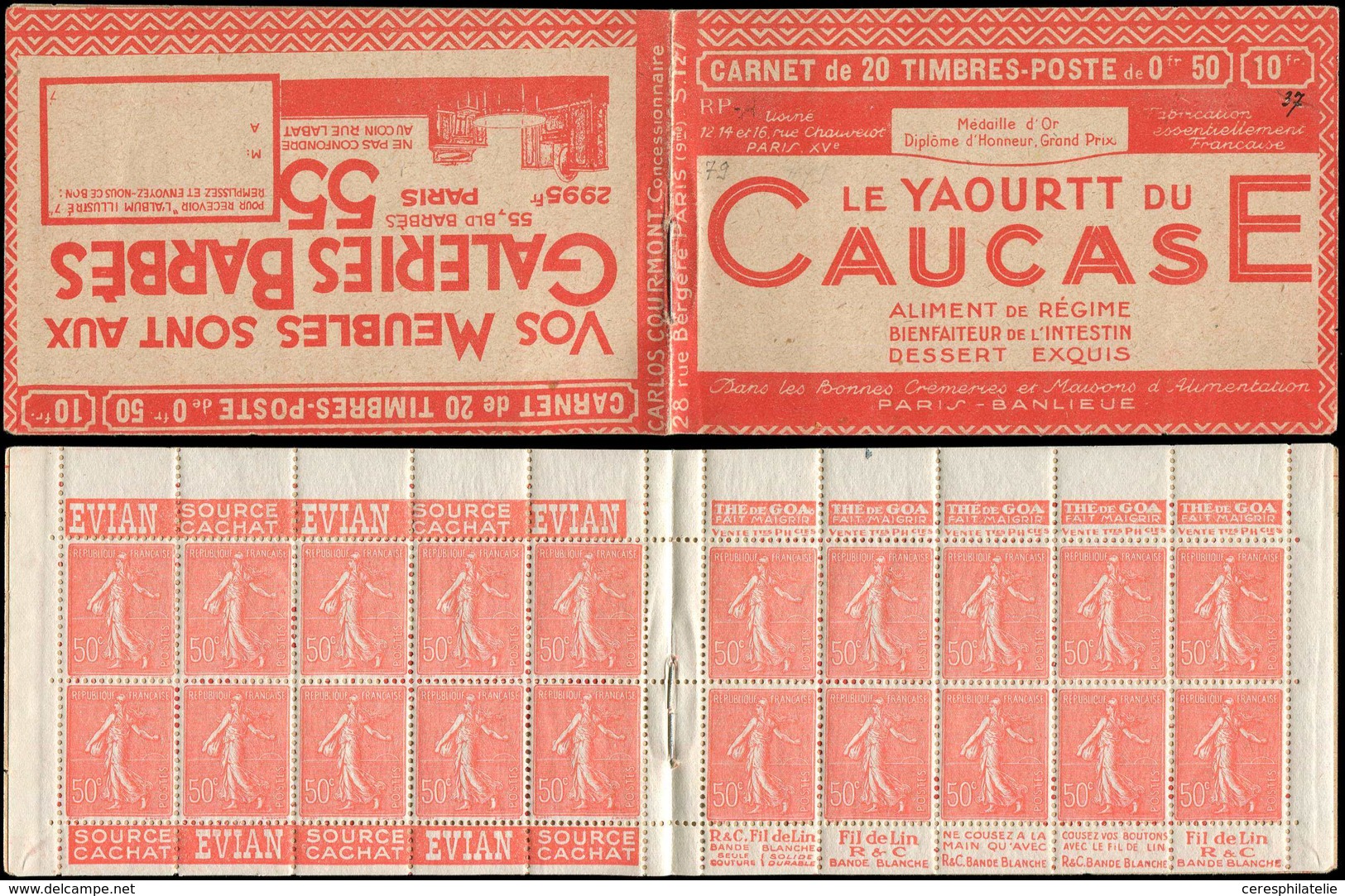 CARNETS (N°Cérès Jusqu'en1964) 79   Semeuse Lignée, 50c. Rouge, N°199A, T I, S. 127 RP-A, CAUCASE/BARBES, "37" Au Stylo - Other & Unclassified