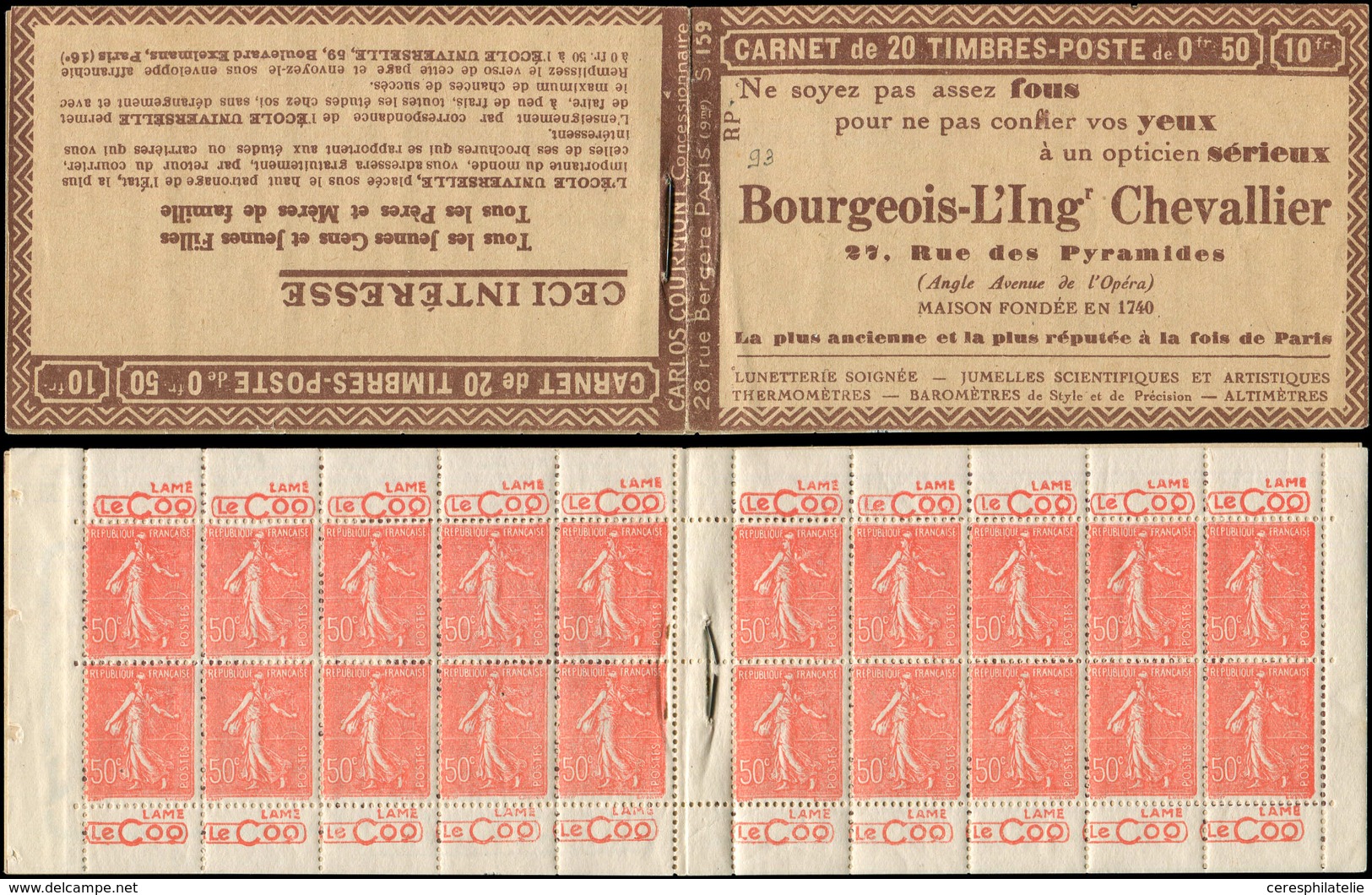 CARNETS (N°Cérès Jusqu'en1964) 93   Semeuse Lignée, 50c. Rouge, N°199B, T IIB, S. 159-RP, BOURGEOIS-L'INGr CHEVALLIER, I - Other & Unclassified