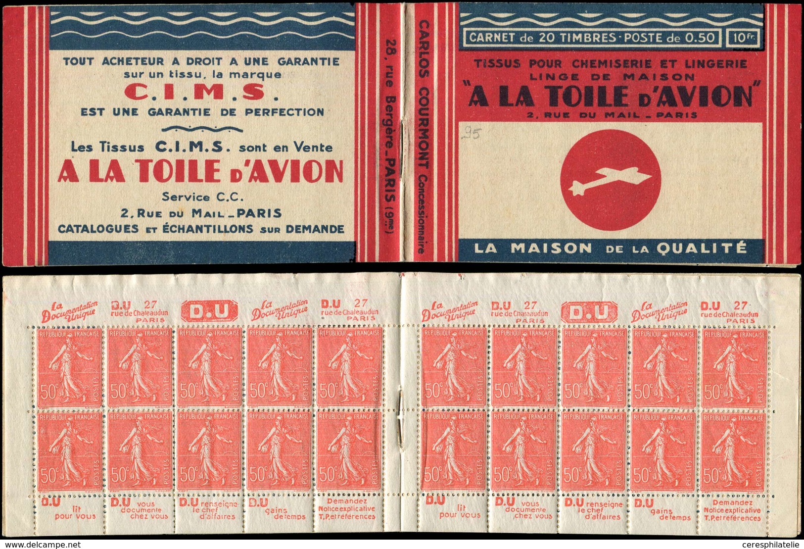 CARNETS (N°Cérès Jusqu'en1964) 95   Semeuse Lignée, 50c. Rouge, N°199B, T IIB, S. 194, TOILE D'AVION + Intercalaire Haut - Other & Unclassified