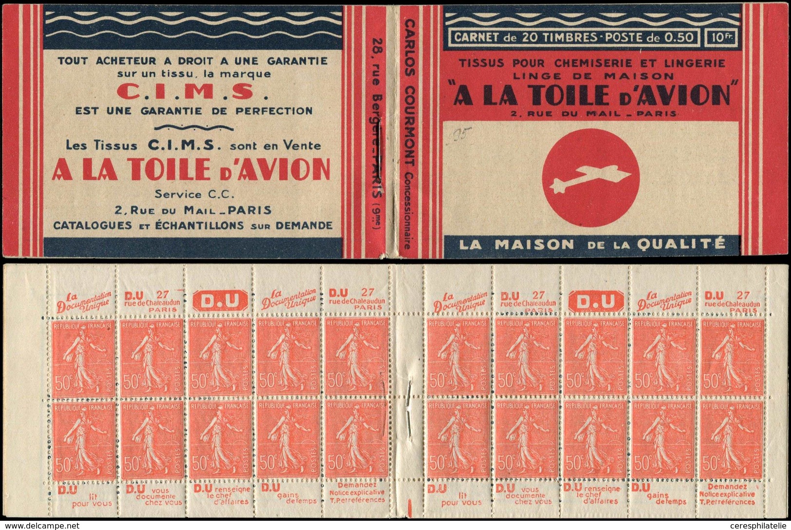 CARNETS (N°Cérès Jusqu'en1964) 95   Semeuse Lignée, 50c. Rouge, N°199B, T IIB, TOILE D'AVION Avec Intercalaires, Un Ex. - Other & Unclassified