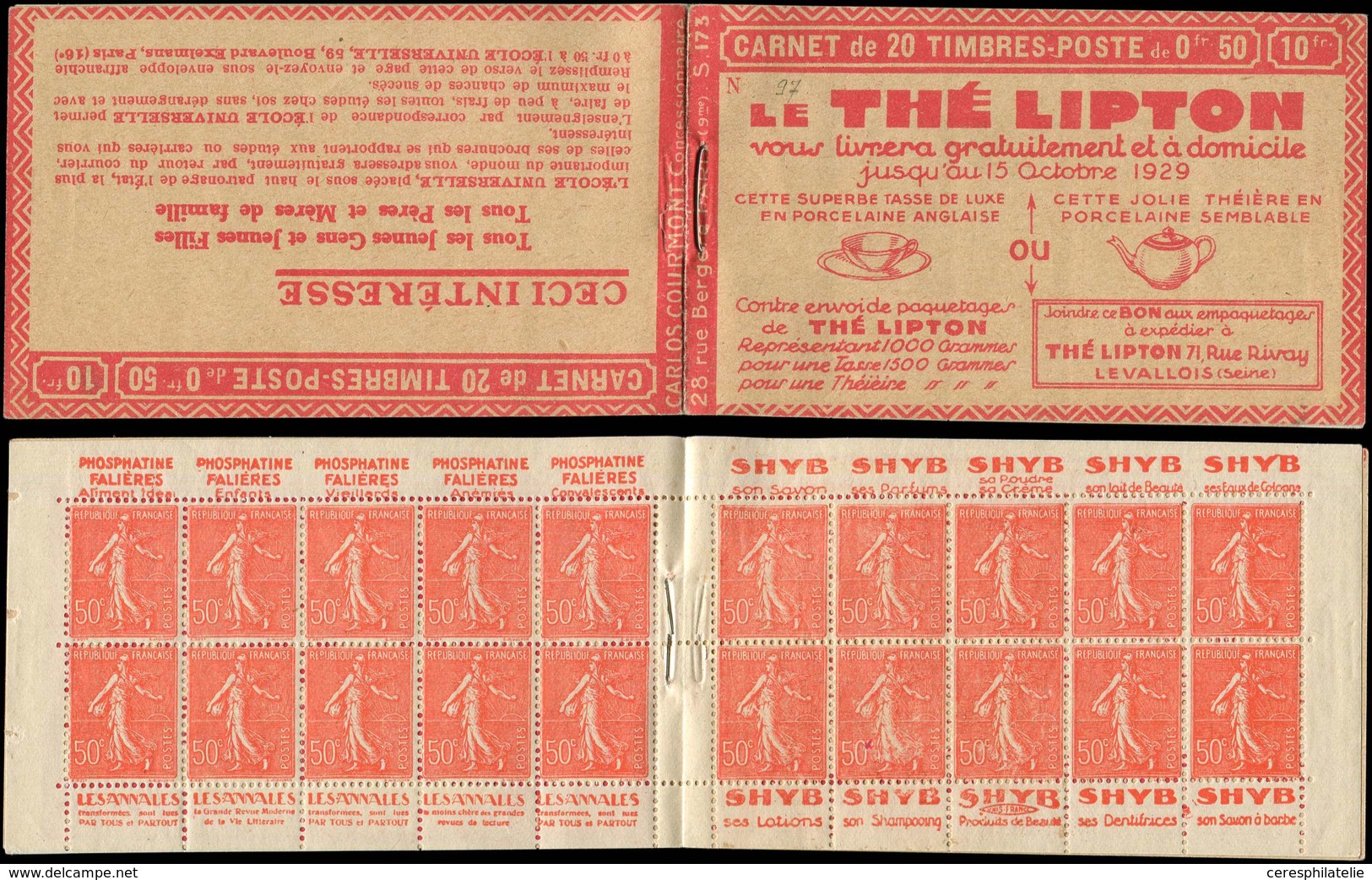 CARNETS (N°Cérès Jusqu'en1964) 97   Semeuse Lignée, 50c. Rouge, N°199B, T IIB, S. 173, THE LIPTON, Haut De Feuille, Infi - Other & Unclassified