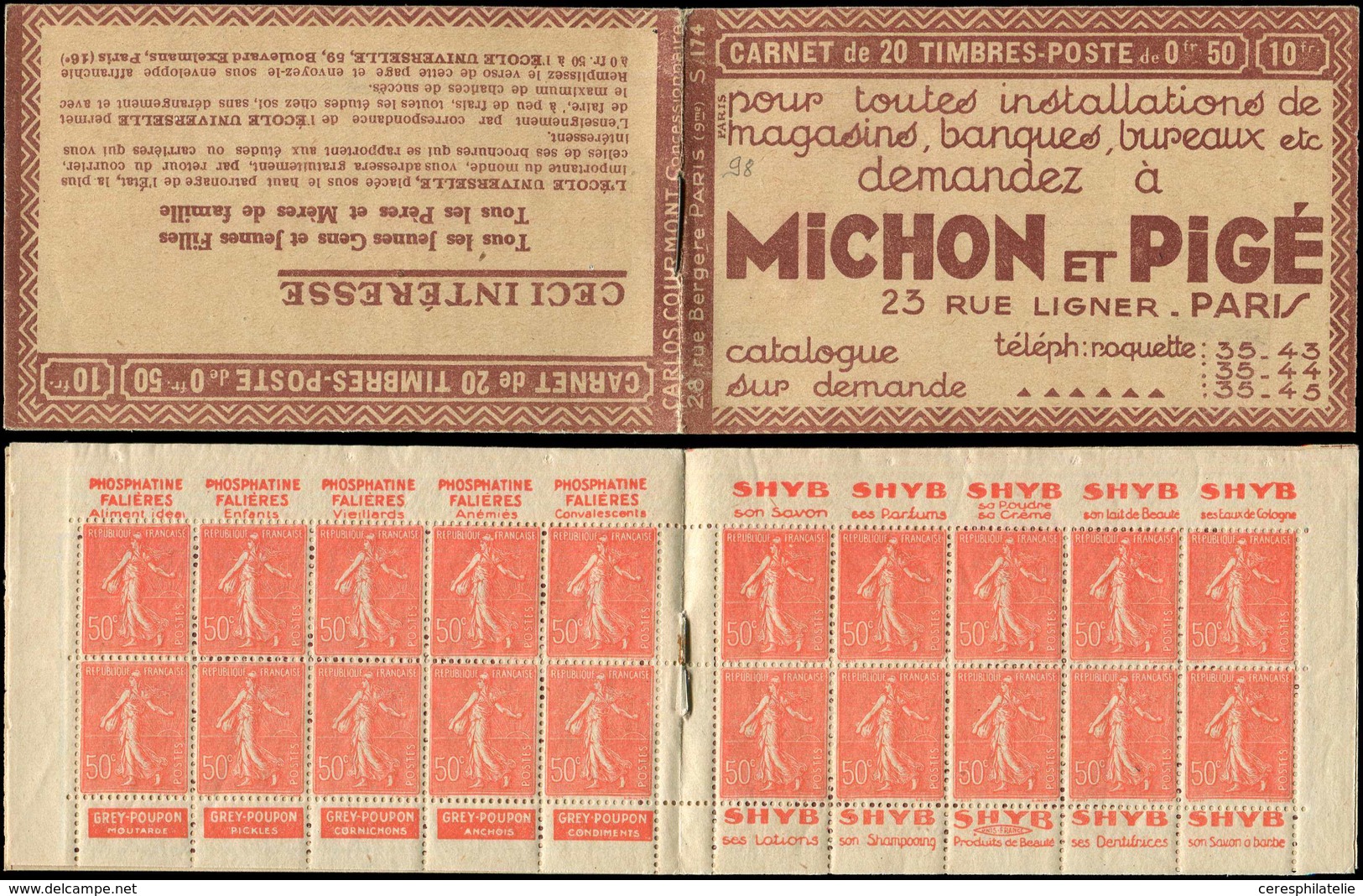 CARNETS (N°Cérès Jusqu'en1964) 98   Semeuse Lignée, 50c. Rouge, N°199B, T IIB, S. 174, MICHON Et PIGE, Haut De Feuille, - Other & Unclassified