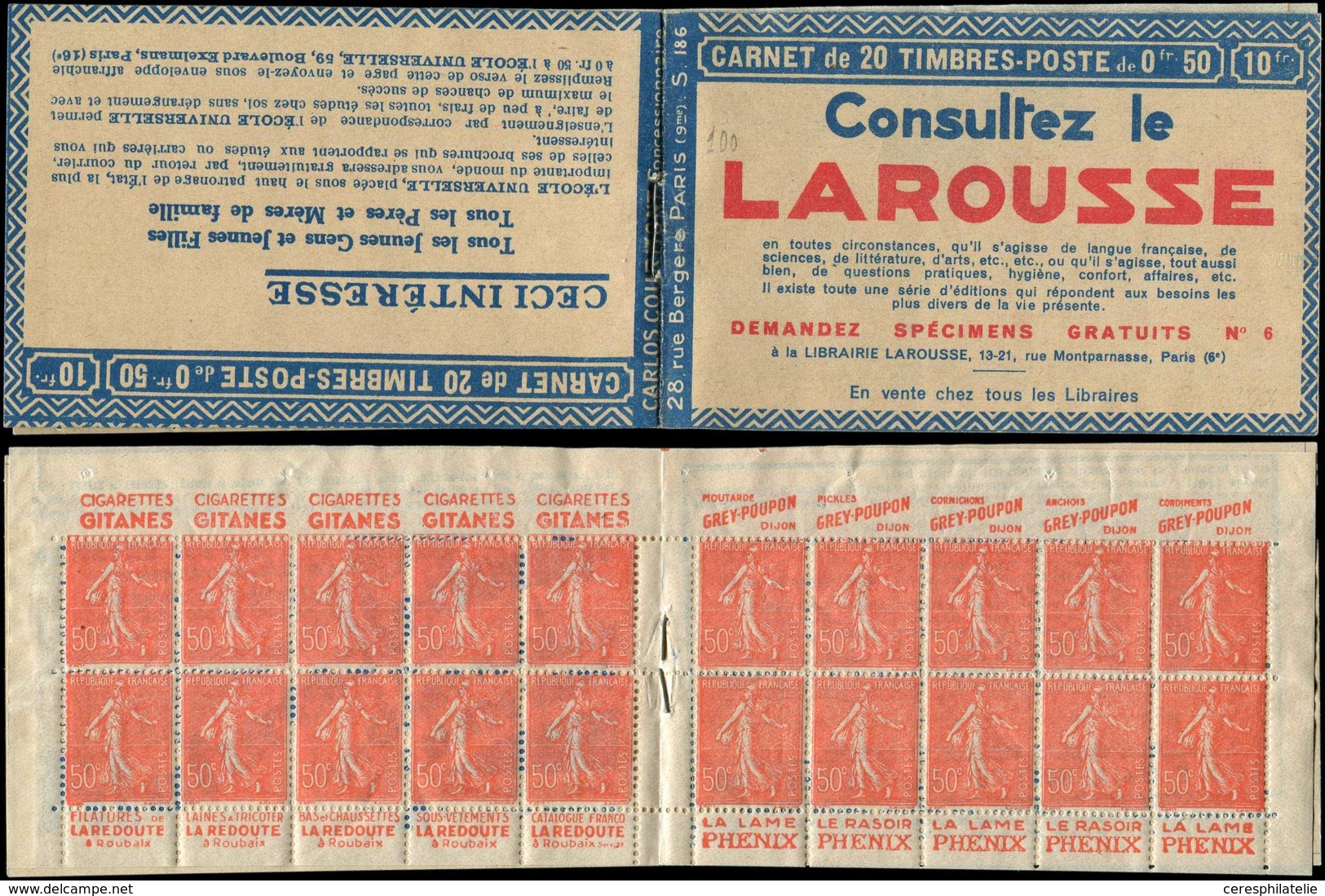 CARNETS (N°Cérès Jusqu'en1964) 100  Semeuse Lignée, 50c. Rouge, N°199B, T IIB, S. 186, LAROUSSE, Haut De Feuille, TTB - Other & Unclassified