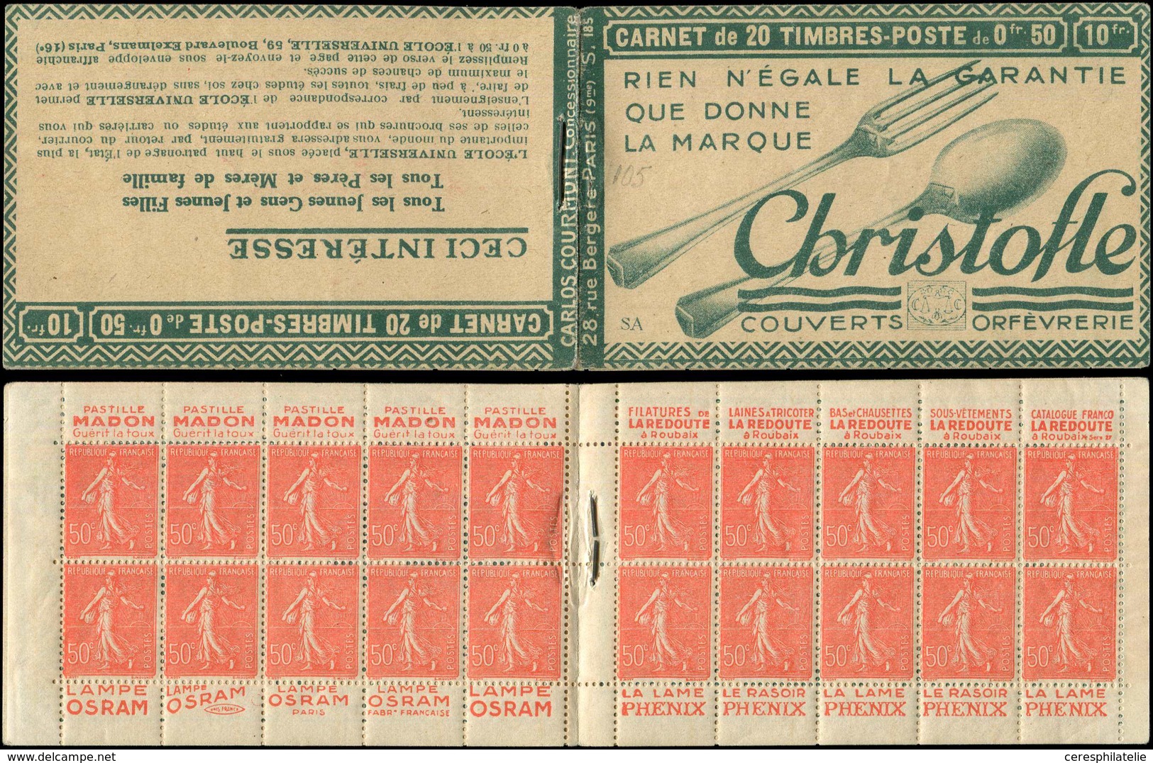 CARNETS (N°Cérès Jusqu'en1964) 105  Semeuse Lignée, 50c. Rouge, N°199B, T IIB, S. 186, CHRISTOFLE, Un Bord Pub Grain Dan - Other & Unclassified