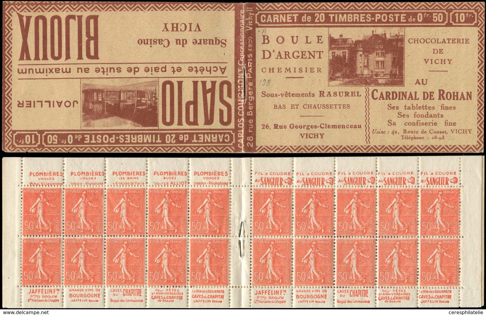 CARNETS (N°Cérès Jusqu'en1964) 108  Semeuse Lignée, 50c. Rouge, N°199B, T IIB, S. Vichy II-A, SAPIO-BIJOUX, Infimes Déca - Other & Unclassified