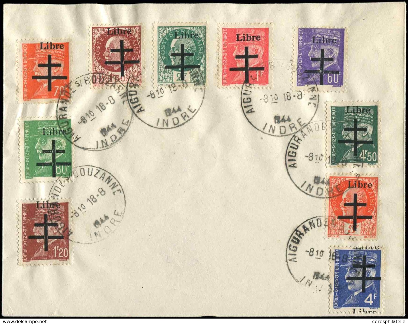 Let TIMBRES DE LIBERATION AIGURANDE 1/11 (sf. N°8) Obl. 18/8/44 S. Env., TB - Liberation