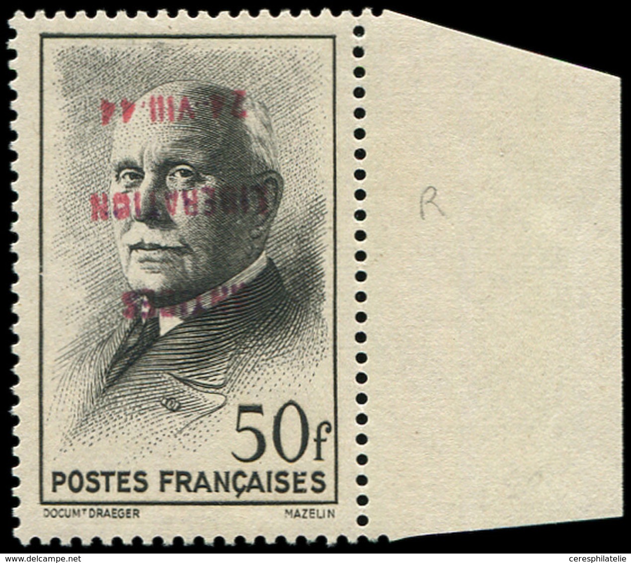 ** TIMBRES DE LIBERATION ANTIBES 38 : 50f. Noir, Surcharge ROUGE RENVERSEE, TB, Signé Mayer - Liberation