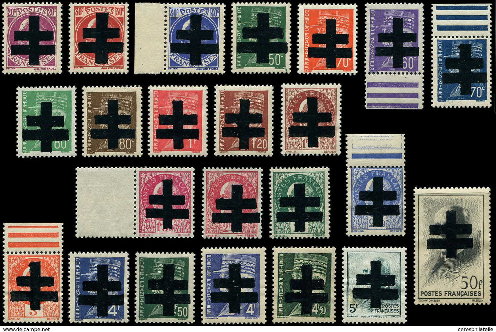 ** TIMBRES DE LIBERATION AUDIERNE 1/23 : Surch. T II, N°17 Adh. D'encre, N°22 Légère Rouss., Les Autres TB, Signés Mayer - Liberation