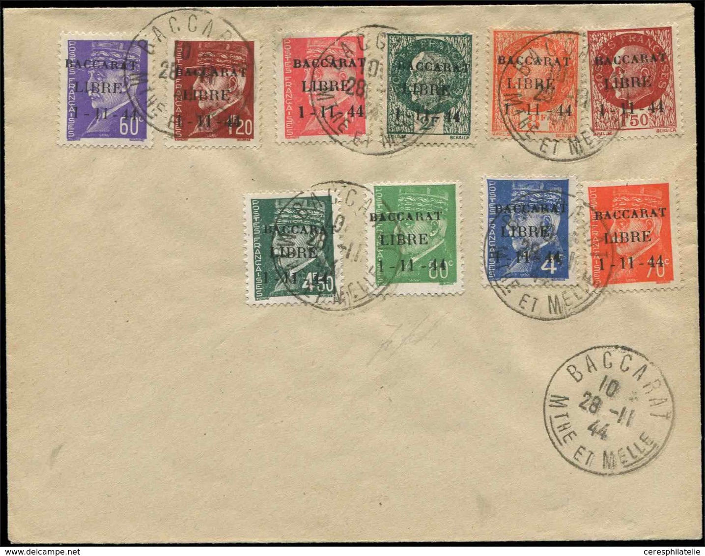 Let TIMBRES DE LIBERATION BACCARAT 1/10 Obl. Càd BACCARAT 28/11/44 Sur Env., TB - Liberation