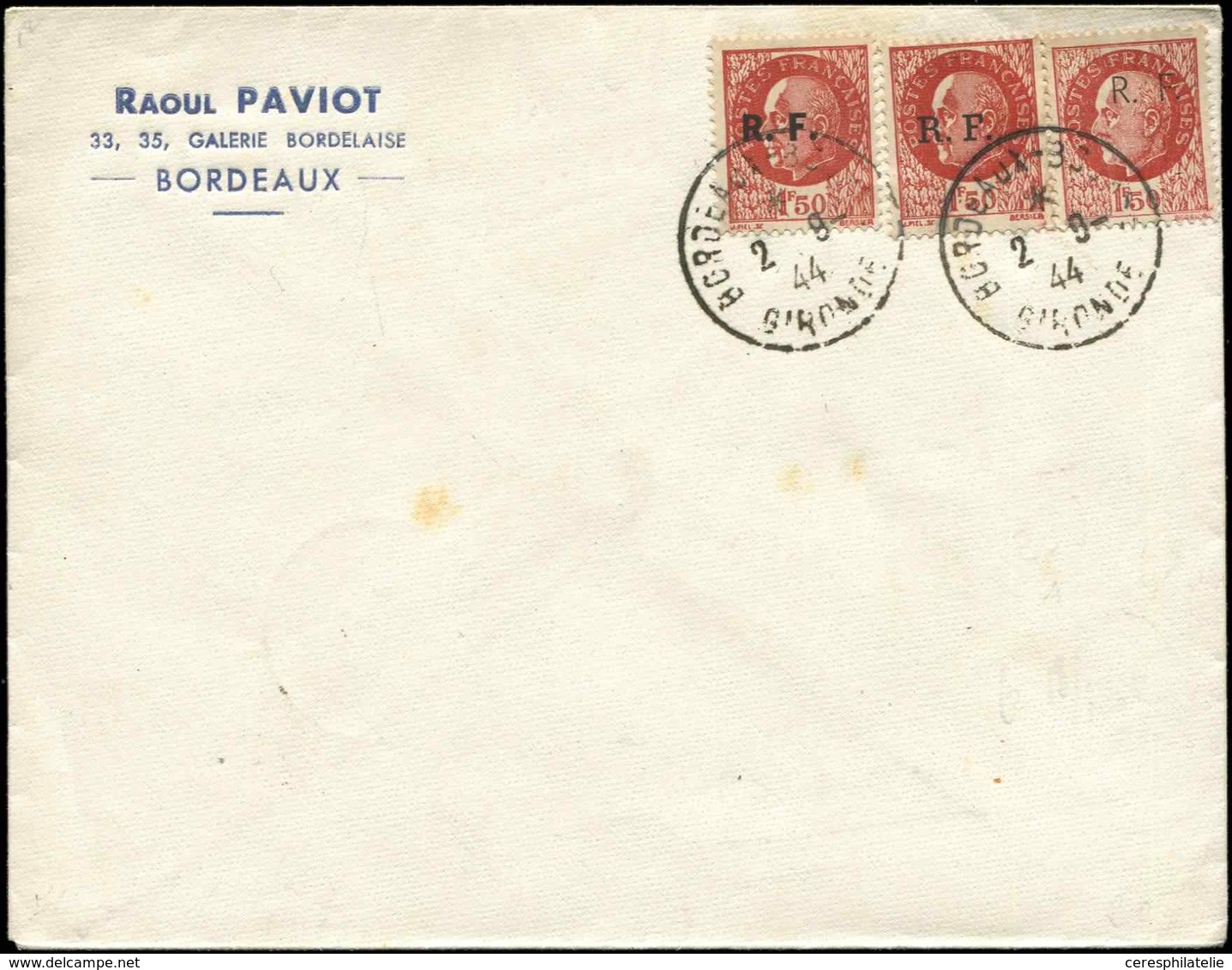 Let TIMBRES DE LIBERATION BORDEAUX 6 : 1f50 Brun-rouge, Les 3 Types Obl. Càd 2/9/44 S. Env. 1er Jour De Vente, TB - Liberation