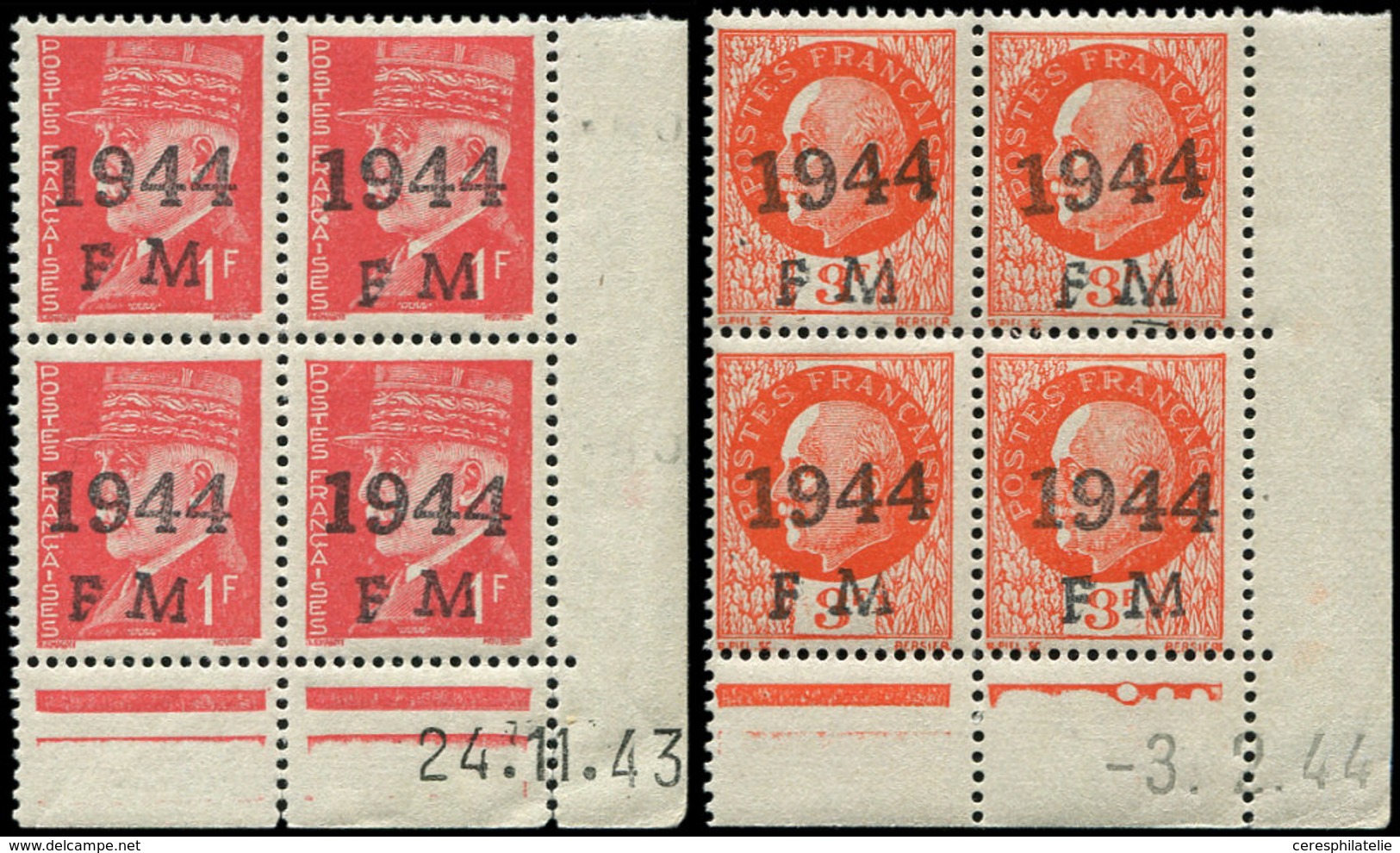 ** TIMBRES DE LIBERATION CHERBOURG DEFENSE PASSIVE 1/2 : 1f. Rouge Et 3f. Orange, BLOCS De 4 CD, TB - Liberation