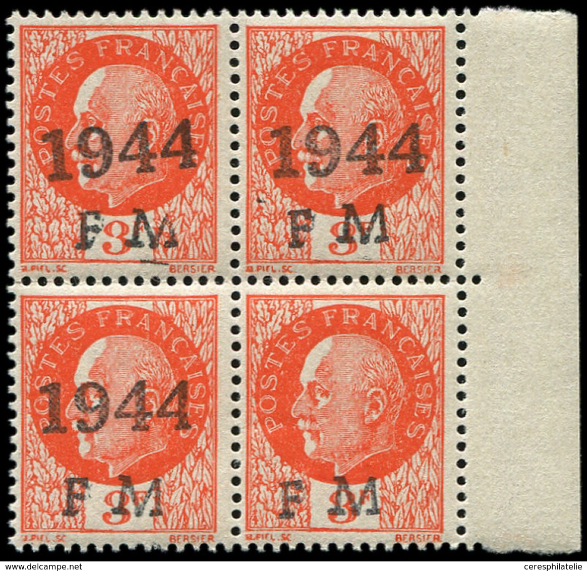 ** TIMBRES DE LIBERATION CHERBOURG DEFENSE PASSIVE 2 : 3f. Orange, BLOC De 4 Bdf, Un Ex. SANS 1944, TB - Liberation