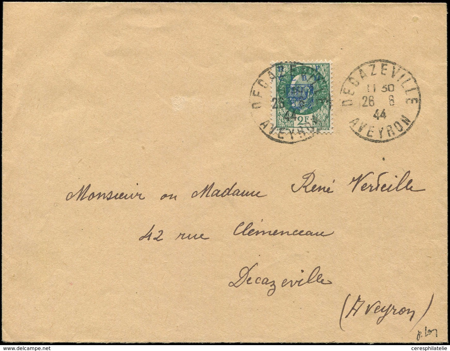 Let TIMBRES DE LIBERATION DECAZEVILLE 7 : 2f. Vert, Obl. 26/8/44 Sur Env., TB - Liberation