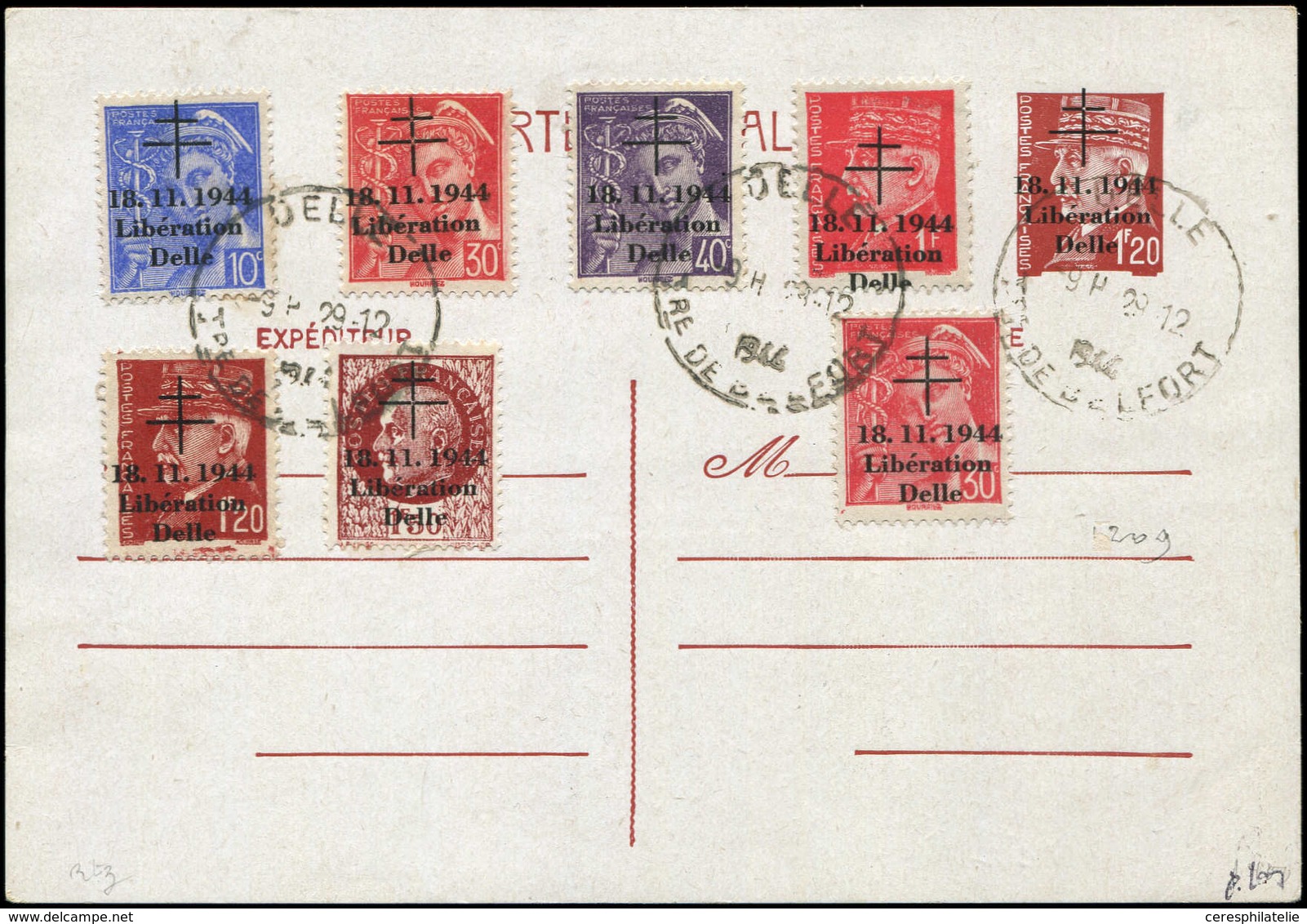 Let TIMBRES DE LIBERATION DELLE 29E : CP Entier 1f20 Affr. N°1/3, 2 Et 7/9 Obl. 29/12/44, TB, Signé Mayer - Liberation