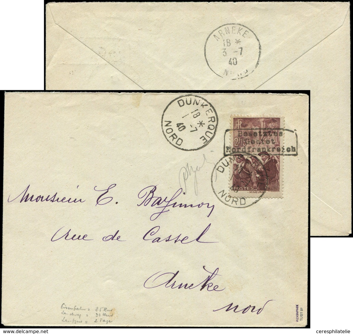 Let Spécialités Diverses GUERRE DUNKERQUE Poste N°390 Obl. Dunkerque 1/7/40 Sur Env., Arr. Arneke Le 3/7, TB - War Stamps
