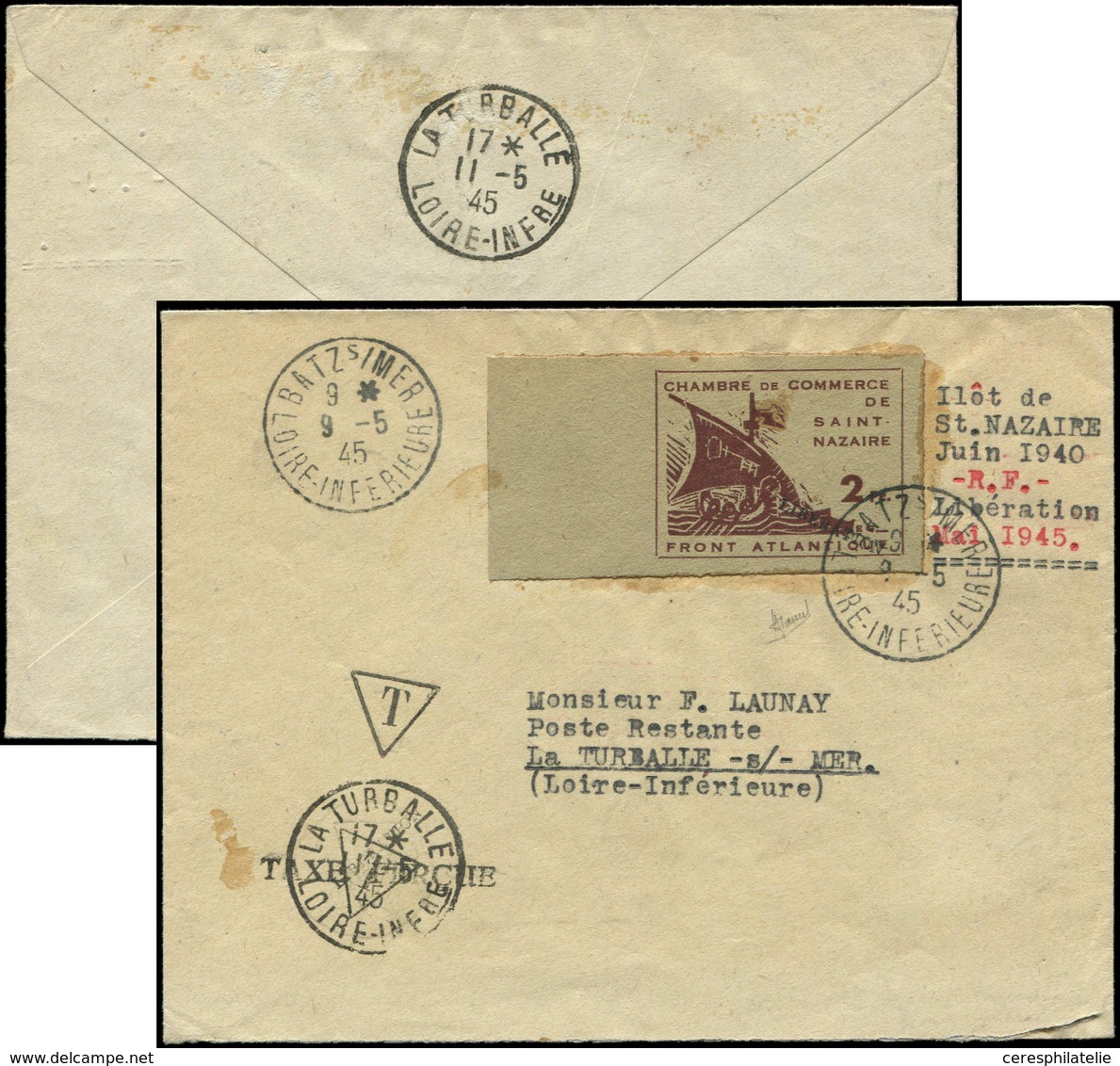 Let Spécialités Diverses GUERRE SAINT NAZAIRE 9 : 2f. Brun S. Vert, NON DENTELE Bdf Obl. Batz-sur-Mer 9/5/45 Sur Env., A - War Stamps