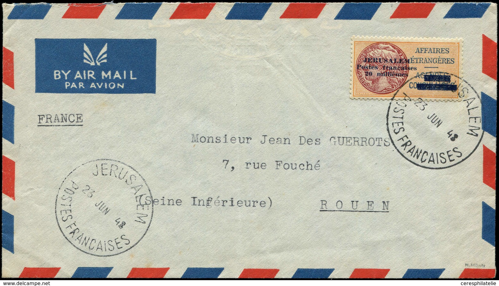 Let Spécialités Diverses JERUSALEM 2 : 20m Jaune-orange Et Brun-rouge, Obl. Càd JERUSALEM POSTES FRANCAISES 23/6/48 S. E - War Stamps