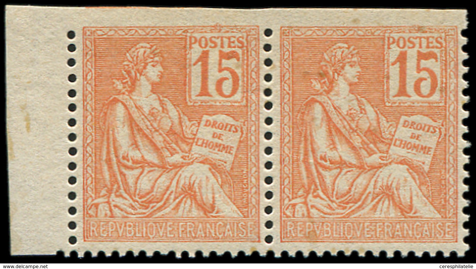 ** VARIETES 117b  Mouchon, 15c. Orange, DENTELE 3 COTES, Format Plus Grand, PAIRE Petit Bdf, TTB - Unused Stamps