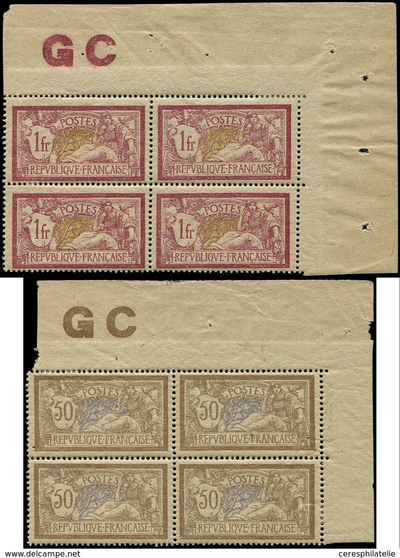 * VARIETES 120d Et 121f Merson, 50c. Brun Et Gris Et 1f. Lie De Vin Et Olive, En BLOCS De 4 Cdf Manchette GC, Un Ex. De  - Unused Stamps