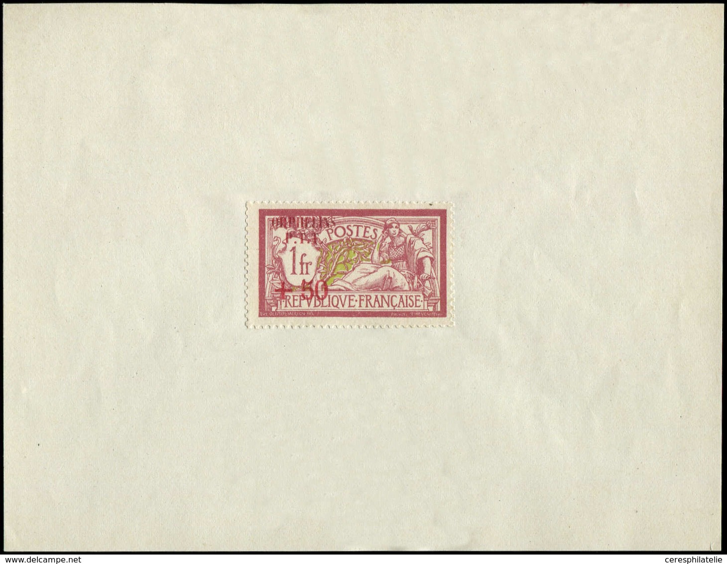 (*) VARIETES 121   Merson,  1f. Lie De Vin Et Olive, Surcharge Rouge "ORPHELINS/P.T.T./+50" Collé Sur Feuillet, RR Et TB - Unused Stamps