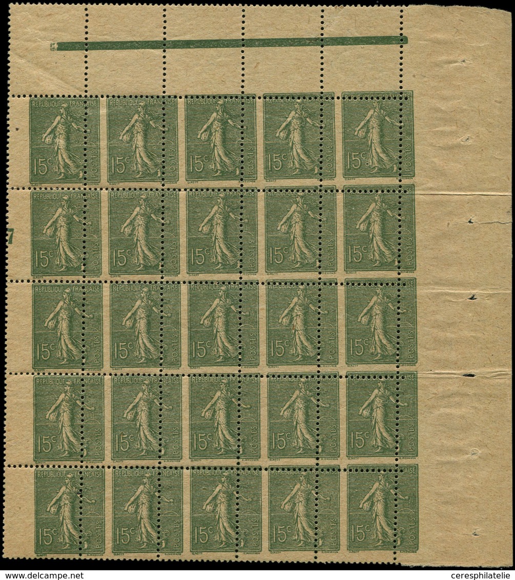 ** VARIETES 130   Semeuse Lignée, 15c. Vert Gris, PIQUAGE à CHEVAL, PANNEAU De 25 Avec 3 Bords, Mill.7, TTB - Unused Stamps