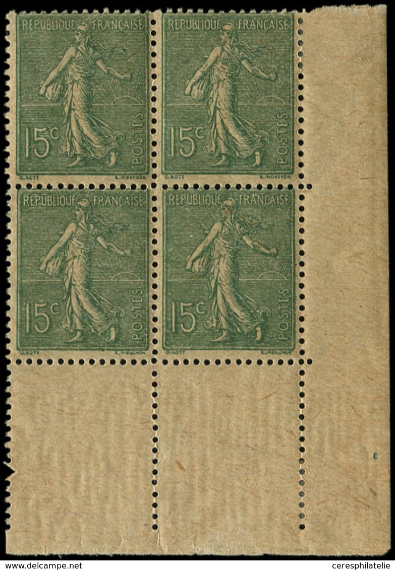 ** VARIETES 130j  Semeuse Lignée, 15c. Vert-gris, T IV, Papier GC, BLOC De 4 Cdf De Roulette, Un Ex. *, Bdf *, R Et TB - Unused Stamps