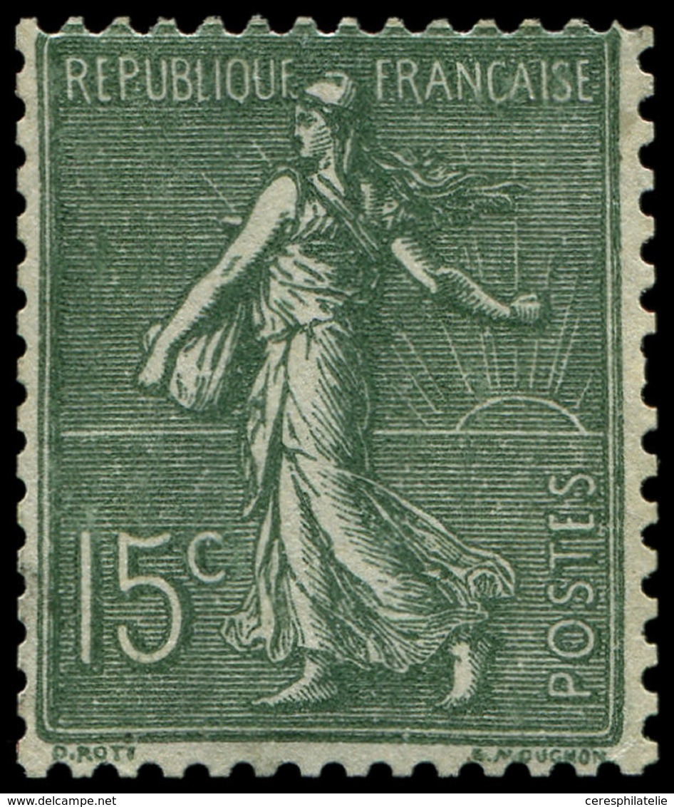 * VARIETES 130f  Semeuse Lignée, 15c. Vert-gris, T VI, Timbre RR Neuf, TB, Certif. Calves - Unused Stamps