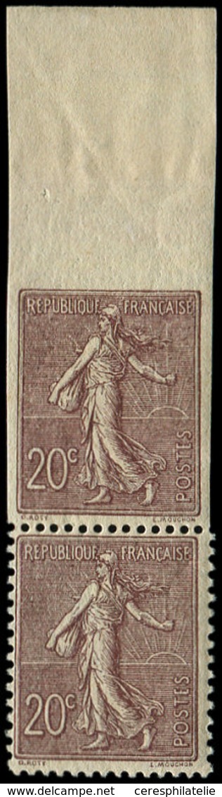 ** VARIETES 131   Semeuse Lignée, 20c. Brun-lilas, NON DENTELE Bdf Tenant à Dentelé, TTB - Unused Stamps