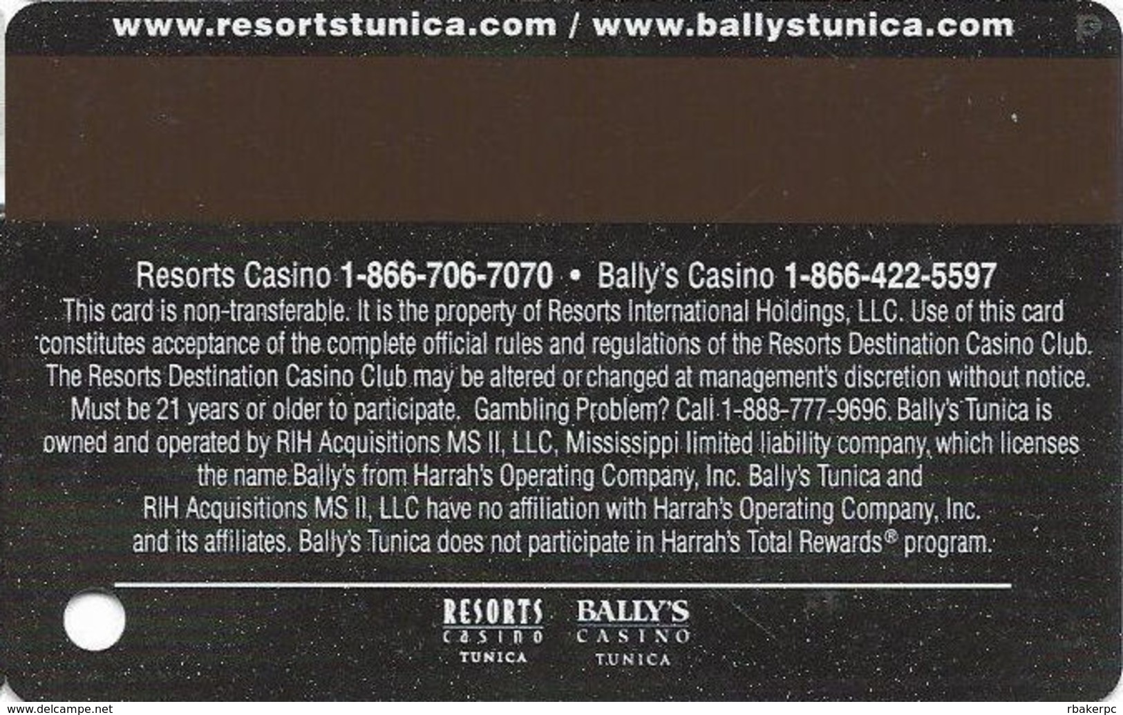 Resorts & Bally's Casinos - Tunica, MS - Slot Card - 2 Logos On Reverse - Casino Cards