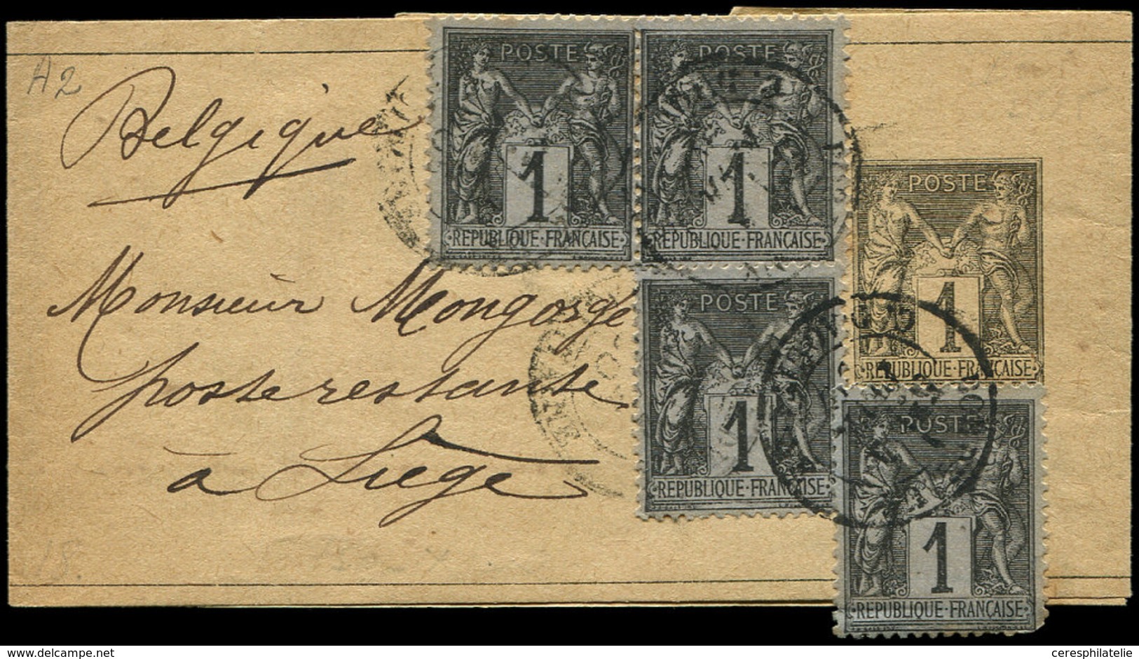 Let ENTIERS POSTAUX Sage,  1c. Noir, Bande N°A2 Affr. N°83 (4) Obl. BORDEAUX 4/2/( )0 Pour Liège En Poste Restante, TB - Other & Unclassified