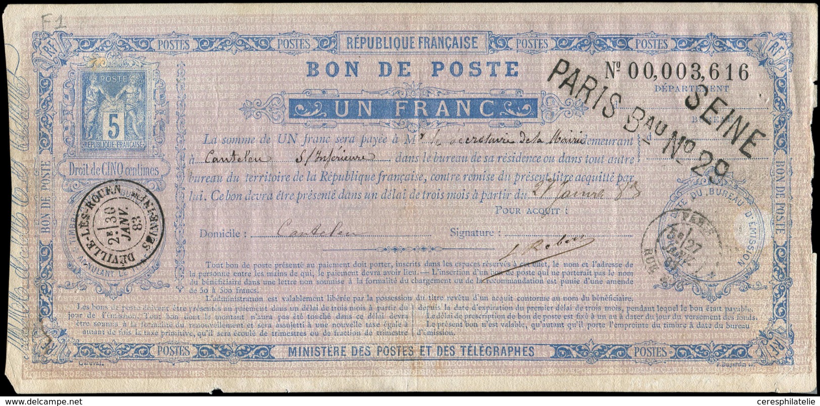 Let ENTIERS POSTAUX Sage,  5c. Bleu, Bon De Poste N°F1, Càd Paris 21/1/83 Et DEVILLE-les-ROUEN 30/1, TB - Other & Unclassified