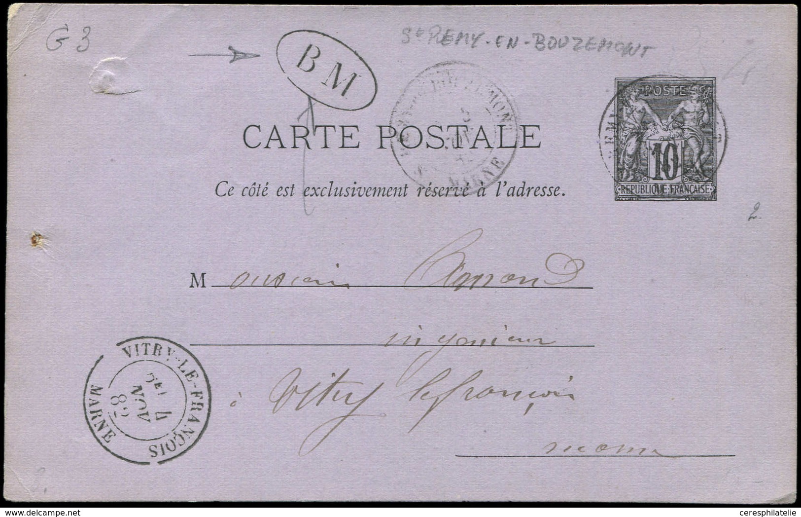 Let ENTIERS POSTAUX Sage, 10c. Noir, CP N°G3 Obl. St Rémy-en-Bouzemont, Cachet BM, TB - Other & Unclassified