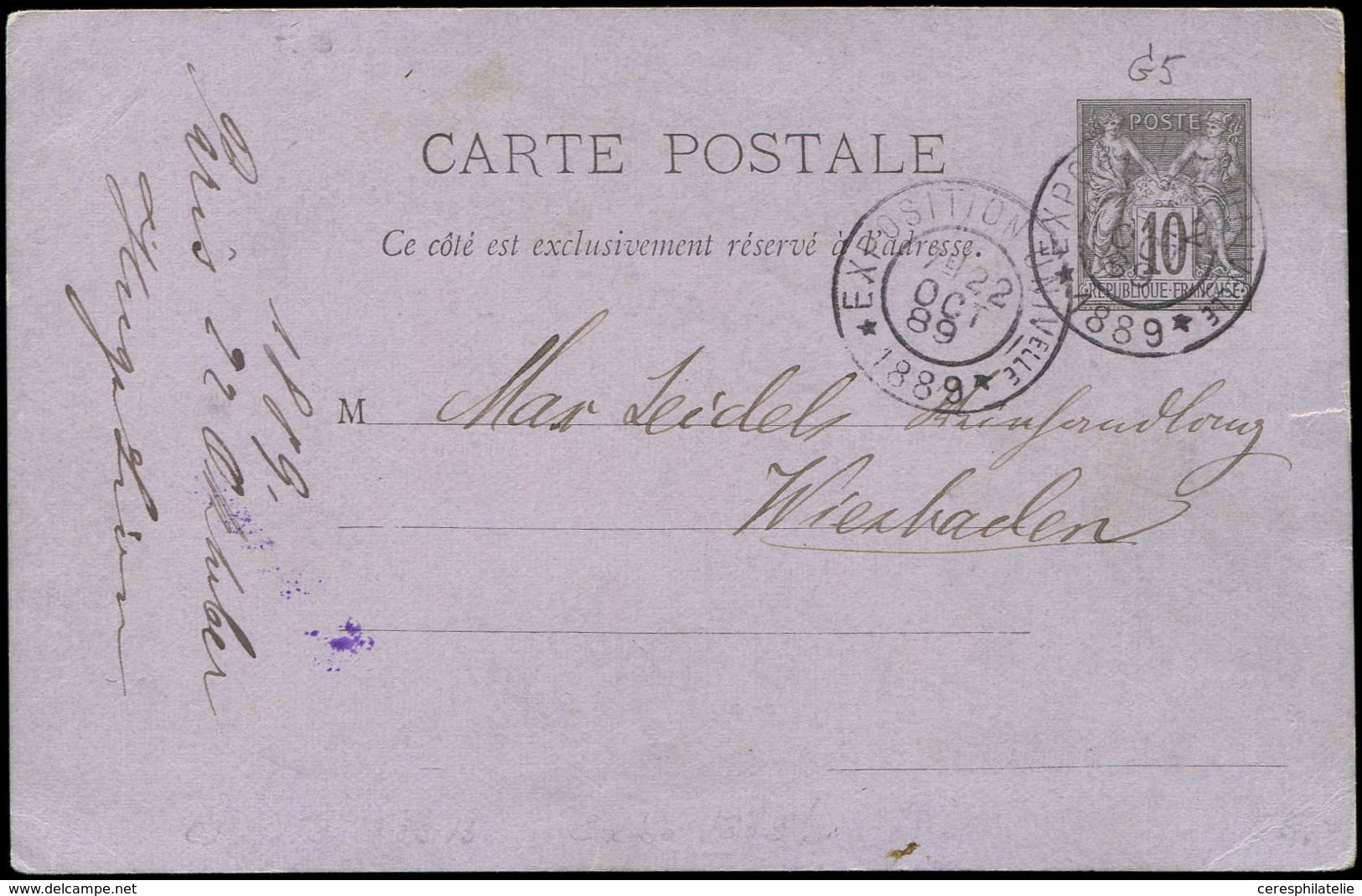 Let ENTIERS POSTAUX Sage, 10c. Noir, CP N°G5 Obl. EXPOSITION UNIVelle/1889 22/10/89, Pour WIESBADEN, TB - Other & Unclassified