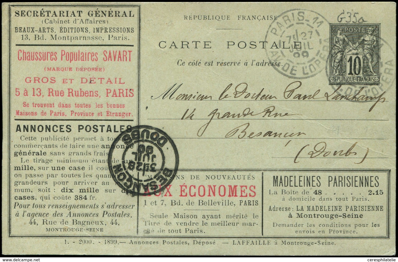 Let ENTIERS POSTAUX Sage, 10c. Noir, CP Annonces TSC N°G35a, Laffaille, S. 1, Obl. 27/7/99, R Et TB - Other & Unclassified