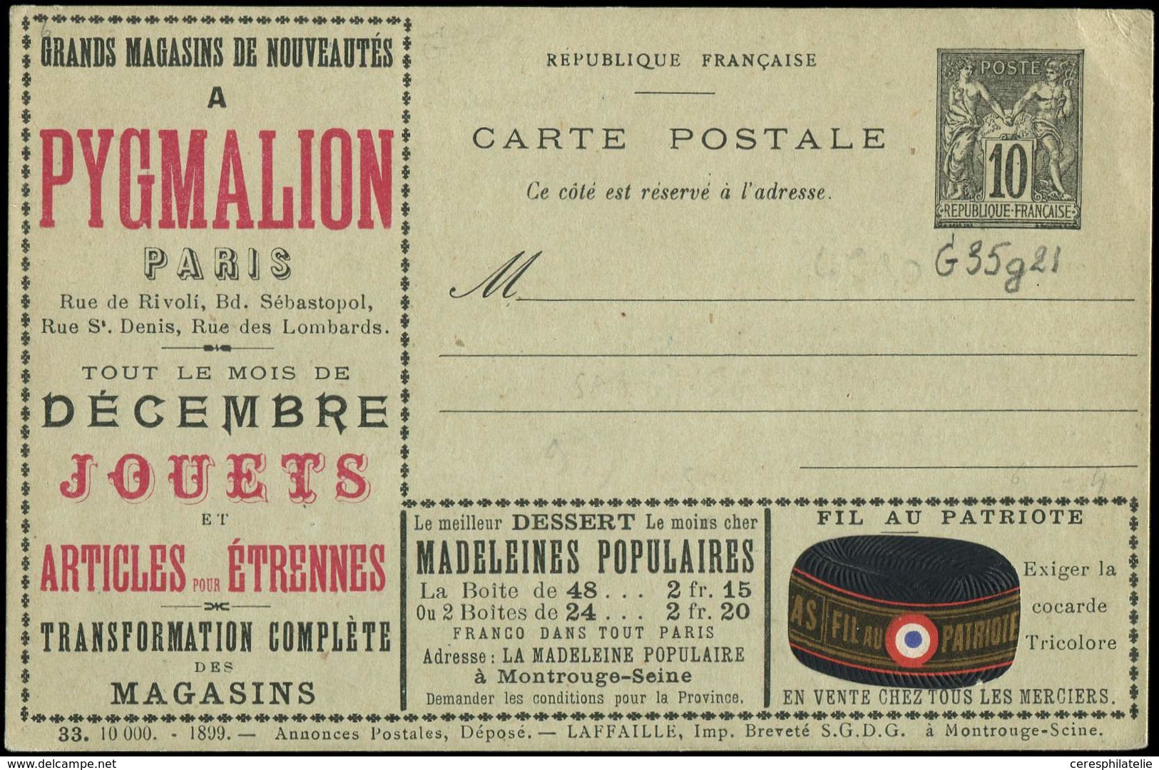 Let ENTIERS POSTAUX Sage, 10c. Noir, CP TSC N°G35g21, Laffaille, S. 33, TTB - Other & Unclassified