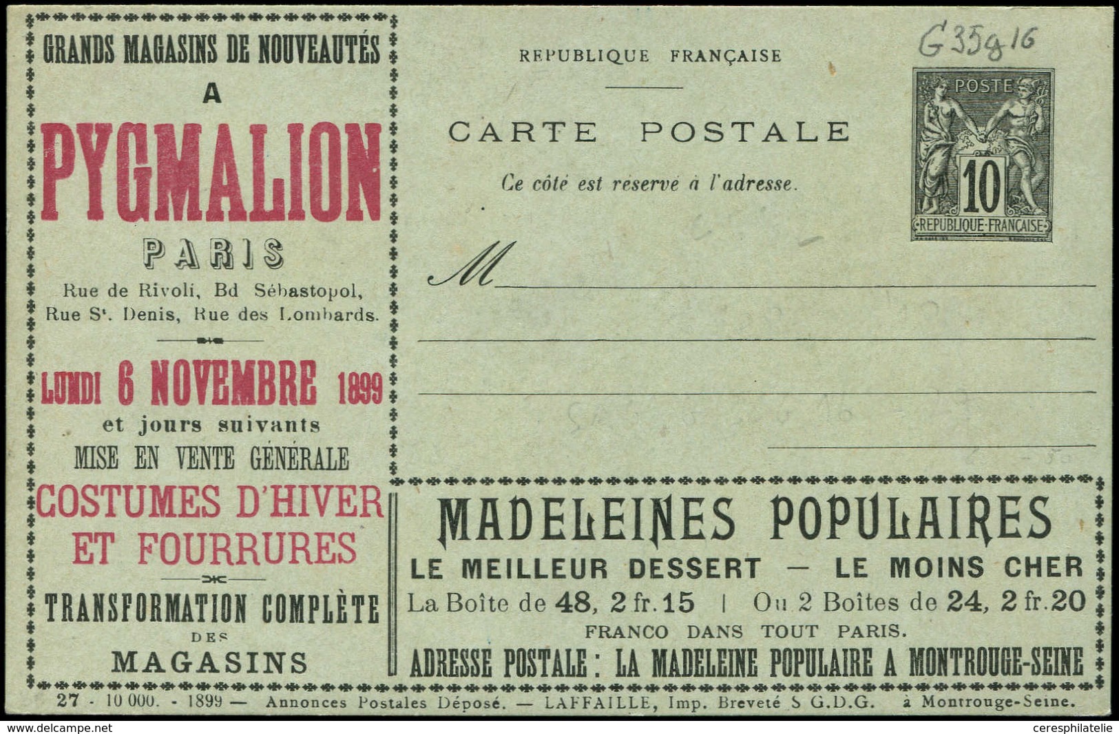 Let ENTIERS POSTAUX Sage, 10c. Noir, CP Annonces TSC N°G35g16, Laffaille, S. 27, PYGMALION, Superbe - Other & Unclassified