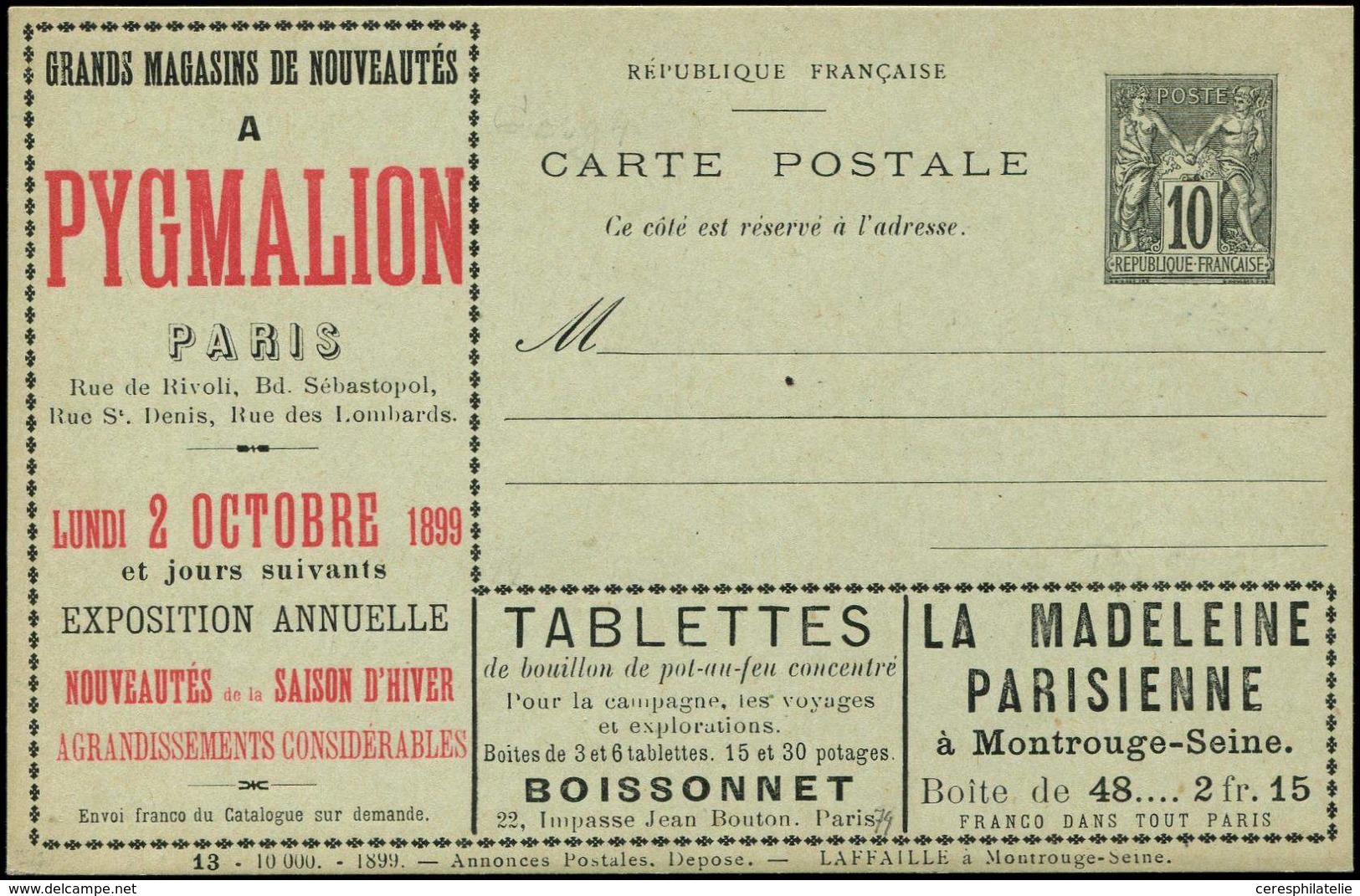 Let ENTIERS POSTAUX Sage, 10c. Noir, CP TSC N°G35g4, Laffaille S. 13-10000, TTB - Other & Unclassified