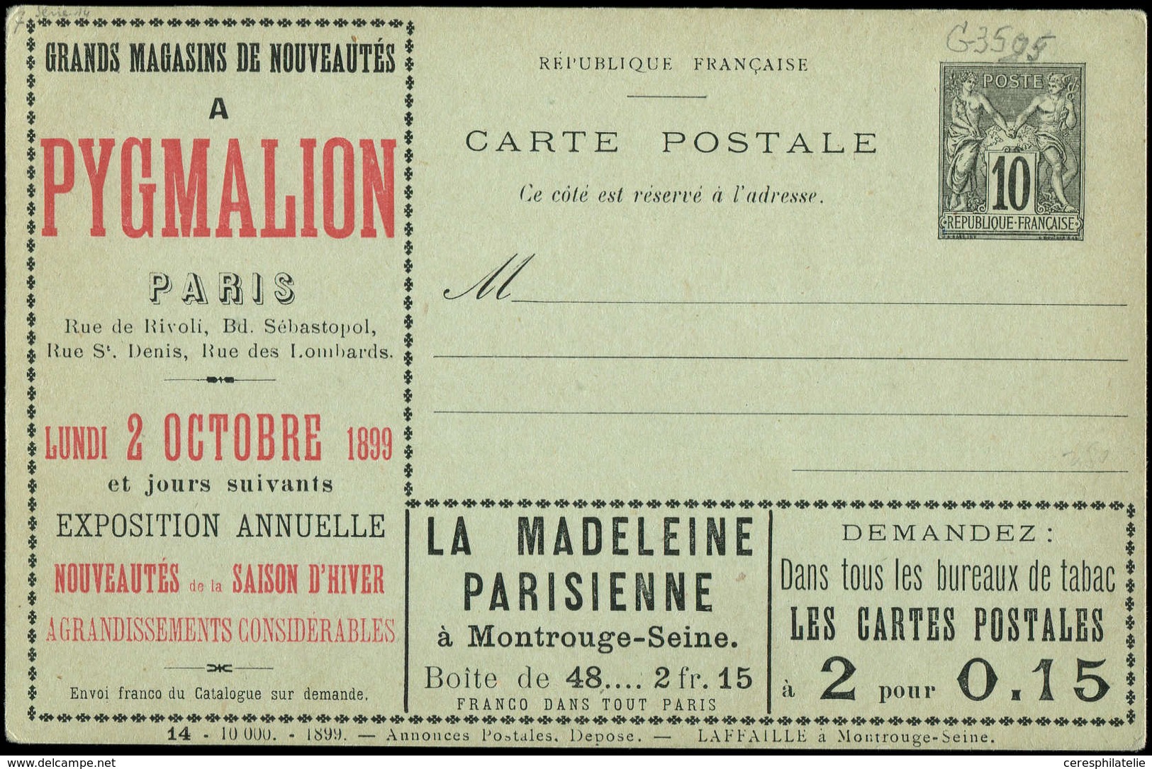 Let ENTIERS POSTAUX Sage, 10c. Noir, CP Annonces N°G35g5 Laffaille S. 14, PYGMALION, Superbe - Other & Unclassified