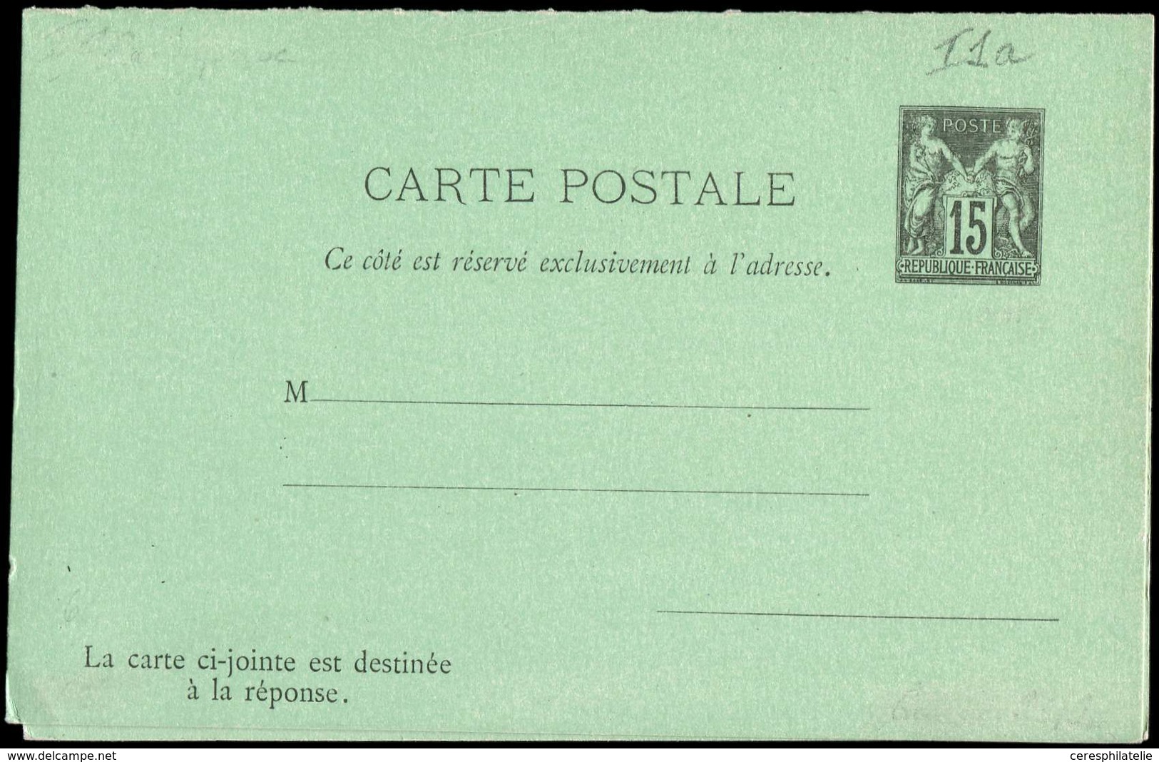 Let ENTIERS POSTAUX Sage, 15c. Noir, CPRP N°I1a, Carton Vert Foncé, TB - Other & Unclassified