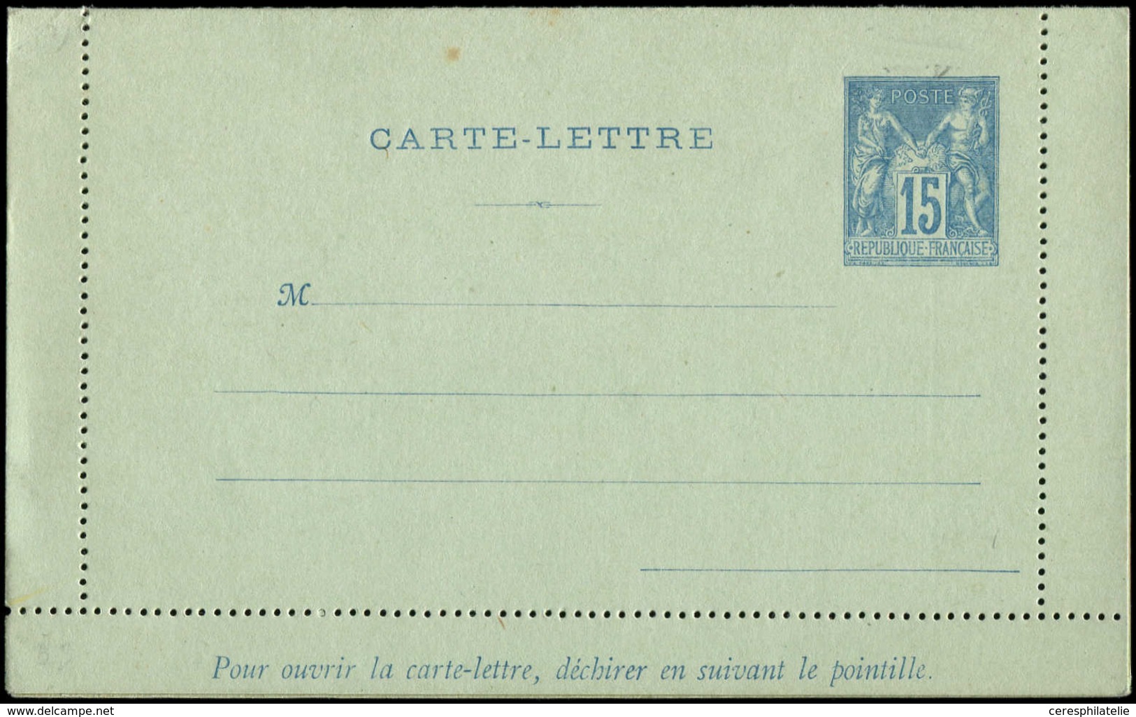 Let ENTIERS POSTAUX Sage, 15c. Bleu, CL N°J14, Carton Vert, Piquage B, TB - Other & Unclassified